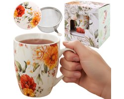 Theeset: porseleinen beker MOK 340 ml met infuser en deksel VOOR KRUIDEN, verpakt als CADEAU