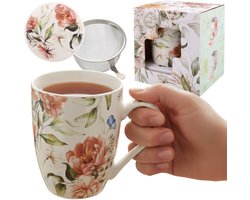 Theeset: porseleinen beker MOK 340 ml met infuser en deksel VOOR KRUIDEN, verpakt als CADEAU