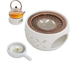 Theewarmer van keramiek met porseleinen theelichthouder en kookmat, bloemenvorm, wit - voor theepot