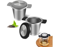 Theezeef - Zeefje - Thee Infuser - Thee Filter Voor Losse Thee - RVS - Met Handvat - Ideaal om op te hangen aan theepotten - Voor het zetten van losse thee en koffie - 2 Stuks (Eén zwarte, één grijze)