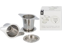 Theezeefje RVS set van 2 met uitlekschaaltje met tekst “Tea makes everything better” losse thee infuser