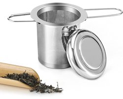 Theezeefje van 304 roestvrij staal, met inklapbaar handvat en deksel, geschikt voor diverse maten kopjes en theepotten.