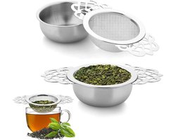 Theezeefjes 2-pack - Fijne roestvrijstalen theezeef - Met kom (7 cm) en handvat - Geschikt voor losse thee en koffie - Vaatwasserbestendig