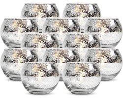 Thelau - 12 stuks ronde kwik votief kaars houder - glazen kaarsenhouder met gespikkelde zilveren afwerking - geschikt voor bruiloft decoraties en woondecoratie