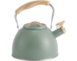 TheLau - Fluitende inductie waterkoker 3L roestvrij staal vintage design met houten handvat - Lichtgroen - Geschikt voor fornuis en gas - BPA-vrij - Thee en koffiebereiding met waarschuwingsfluitje.