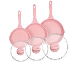 TheLau ® Pannenset met Innovatieve Anti-aanbaklaag en Glazen Deksel voor Alle Kookmethoden, 6-delig, Roze