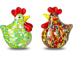 TheLau - Set van 2 kunst glazen haan beeldjes voor boerderij decor - Handgemaakt geblazen glas kip ornamenten geschikt voor Thanksgiving - Prachtige kristal dier verzamelobjecten