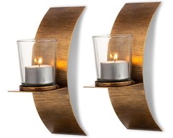 TheLau - Wandkandelaar in goud- en bronskleur | Theelichthouder voor aan de muur | Metalen wanddecoratie voor woonkamer, slaapkamer en badkamer | Vintage design met open haard - Muurkandelaar met stijlvolle uitstraling