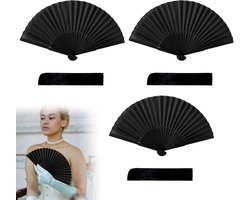 TheLau - Zijden Handwaaier 3 Stuks - Elegante Vintage Handventilators - Traditionele Aziatische Vouwventilators - Zwart - Bruiloften, Partijen, Wanddecoratie