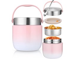 Thermische voedselcontainer 1200 ml – RVS, met deksel en vouwlepel, roze,Geïsoleerde lunchbox voor warm en koud – ideaal voor soep, pap en ijs