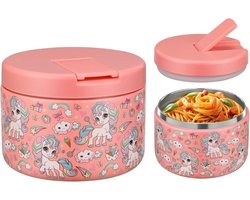 Thermische voedselcontainer, 350 ml, roestvrijstalen verwarmingscontainer, lekvrije lunchcontainer voor kinderen met gespdeksel, brede hals, isolatie, geschikt voor koud en warm eten, roze eenhoorn