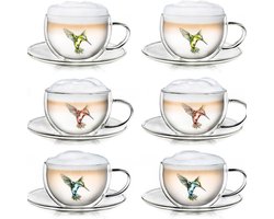Thermo kop dubbelwandige thee latte macchiato cappuccino kop kolibrie met schotel 250 mlset van 6 rood blauw groen. Koffiekopjes set van 6