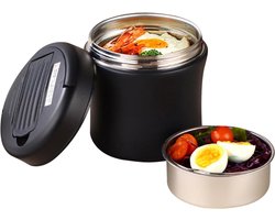 Thermos Lunchbox - 1.2l - RVS Thermos Lunchbox - Thermosbeker - Voedselcontainer met lepel - Travel Mug - voor warm voedsel, lekvrije roestvrijstalen doos - voor buiten, kantoor, school, picknick, reizen, kamperen - zwart