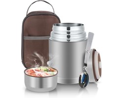 Thermos Voedselcontainer 800ml RVS – Lunch Thermos voor Warm & Koud Eten tot 12u – Lekvrij Soepbeker – Inclusief Lepel & Draagtas – Thermos Lunchbox voor Werk School Reizen