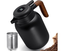 Thermosfles 1,5 L, koffiepot thermisch gemaakt van dubbelwandig roestvrij staal 316, theepot thermisch met verwijderbare theezeef, theethermosfles met temperatuurdisplay, geïsoleerde kan met houten handvat, 12 uur hitte/18 uur koud
