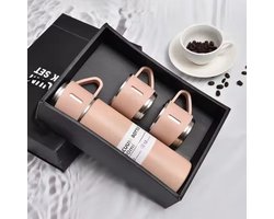 Thermosfles - Koud En Warm - 12 Uur Effect - 3 Bekers - Pink - 500ML - Roestvrij Staal - Vacuüm Geïsoleerde Fles - Geschenkset - Kantoor Zakelijke Stijl - Draagbare Kolf Karaf - Thermos - Lekvrij - Makelijk reinigen - Isolatie fles - Koffiemok - roze