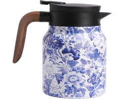 Thermosfles van roestvrij staal (1000 ml) - met theezeefje - Vintage theepot met bloemenpatroon in blauw en wit porselein - met filter - Thermosfles van roestvrij staal - met deksel - Geschikt voor warme dranken, koffie en thee