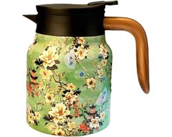 Thermoskan - 1 liter - roestvrij staal - Quick Press-sluiting - dicht warm koud - houten handvat - oranje en groen - 1000 ml - 1 stuk(groen)
