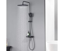 Thermostaat doucheset met glazen plank en verstelbare douchestang - Complete set met regendouche en handdouche