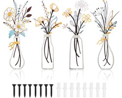 Thijox - 4 Stuks Kleurrijke Metalen Bloemen Wanddecoratie, Minimalistische Muurdecoratie met Bloem en Vaas Ontwerp voor Woonkamer, Slaapkamer, Keuken,