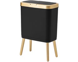 Thijox - Kantoorprullenbak Met Deksel, Zwarte Vuilnisbak Met Gouden Rand, Moderne Smalle Plastic Afvalemmer Voor Slaapkamer, Woonkamer, Keuken, Badkam