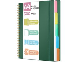 Thijox - Notitieboek A4 met tabbladen - 300 pagina's 100 g/m² anti-doorloopinkt papier, stevige PVC-kaft, spiraalgebonden projectboek voor school, kan