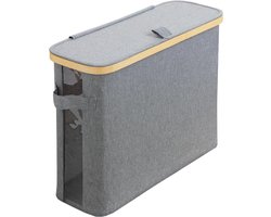 Thijox - Opbergdoos Toiletpapier 12 Rollen - Grijze Opbergmand met Deksel van Stof en Bamboe - Compact en Ruimtebesparend met Kijkvenster 45 x 15,5 x