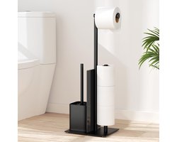 Thijox - Roestvrijstaal Staande Toiletpapierhouder Set met WC-Borstel en Glazen Plank - Mat Zwart - Modern en Functioneel voor Badkamer en Toilet
