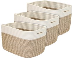 Thijox - Set van 3 Katoenen Opbergmanden met Verborgen Handgrepen, 37,5 x 25 x 22,5 cm, Wit/Bruin, Ideaal voor Wasgoed, Speelgoed en Organisatie in Hu