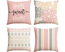 Thijox - Set van 4 Roze Dahlia's Geometrische Kussenslopen 45x45 cm - Sierkussenhoezen voor Woonkamer, Tuin en Buiten Decoratie - Polyester en Rubber