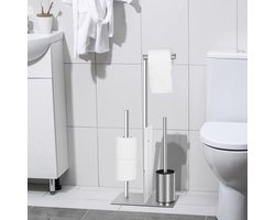 Thijox - Vrijstaande Toiletpapierhouder met WC-Borstel, Roestvrij Staal, Staande WC-Rolhouder met Glazen Plank, Eenvoudig te Installeren, Zilver, Voor