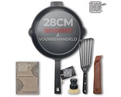 THOR Gietijzeren Grillpan 28cm – Geschikt voor Inductie, Gas & Oven – Geslepen Oppervlak – Inclusief Leren Handgreep, Spatel & Borstel – Duurzaam & Robuust