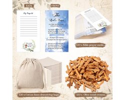 Threehoney 150 sets kleine houten kruisen mini olijfhout comfort vasthoudkruisen met katoenen linnen tassen en gebedskaarten, kruisjes in bulk 2,5 inch Jezus Cross Church Christelijk cadeau voor gebed