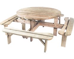 Thuishout | Ronde 8 Persoons Tuintafel 218cm x 218cm Villach | Duurzaam Behandelde Tuin Tafel | Grenen Hout Picknicktafel