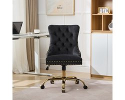 Thuiskantoorstoel, moderne fluwelen gestoffeerde tufting-knop thuiskantoorstoel met gouden metalen voet, verstelbare bureaustoel, draaibare bureaustoel (zwart)