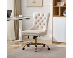 Thuiskantoorstoel, moderne fluwelen gestoffeerde tufting-knop thuiskantoorstoel met gouden metalen voet, verstelbare bureaustoel, draaibare bureaustoel (beige)