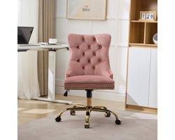 Thuiskantoorstoel, moderne fluwelen gestoffeerde tufting-knop thuiskantoorstoel met gouden metalen voet, verstelbare bureaustoel, draaibare bureaustoel (roze)