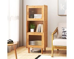 Thuys – Bamboe Keukenkast – 3 – Laags Buffetkast – Met 2 Deuren Van Acryl – En Open Compartiment – 49.5 x 40 x 130 Cm