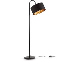 Thuys - Booglamp Zwart - Retro Industrieel Design - Goudkleurige Stoffen Kap - E27 Fitting - Vloerlamp voor Woonkamer en Leeshoek