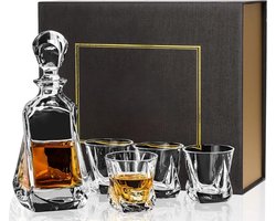 Thuys – Whisky Glazen en Karaf –Set 650 ml Kristallen Whiskey Decanter – Met 4x210 ml Whiskyglas –Set Van 5 Stuks