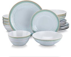 Tida Serviesset Verde Ligna - 32 delig - 8 persoons - Wit/Groene rand - Dinerborden - Bordenset - Diepe borden - Ontbijtborden - Servies - Keukenservies