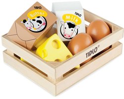 Tidlo houten kratje met zuivel kaas boter eieren en melk