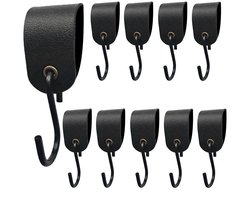 Tien S-vormige haken met leren lussen, te gebruiken als kapstokhaken en kledinghangers, gemaakt van zwart leer en metaal, geschikt voor keukens, badkamers, slaapkamers, kledingkasten en andere ruimtes.