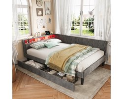 Tiener Slaapbank 140x200 cm – Omvormbaar Gestoffeerd Bed Grijs met LED-Verlichting, USB/Type-C, 2 Opbergladen, Pluche Stof (Zonder Matras)