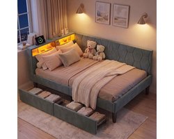 Tiener Slaapbank 90x200 cm – Omvormbaar Gestoffeerd Bed Grijs met LED-Verlichting, USB/Type-C, 2 Opbergladen, Pluche Stof (Zonder Matras)