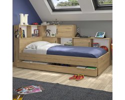 Tienerbed Erwan met opbergruimte | 90 x 200 cm | Artisan eik - Gautier - Diagone - Eenpersoons bedkader - Wit; Bruin - Melamine; MDF Eenpersoons Normaal bed