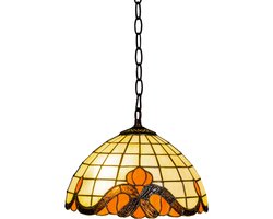 Tiffany hanglamp - Crème-oranjetinten - Ø 30 cm - Glas in lood - Warm licht - Inclusief ketting en plafondplaat - Pendellamp | RORUVERA