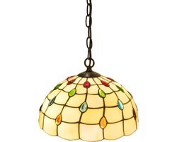 Tiffany hanglamp met glasjuwelen - Crème-meerkleurig - Ø 30 cm - Glas in lood - Warm licht - Inclusief ketting en plafondplaat - Pendellamp | RORUVERA