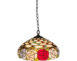 Tiffany hanglamp roos - Meerkleurig - Ø 40 cm - Glas in lood - Warm licht - Inclusief ketting en plafondplaat - Pendellamp | RORUVERA