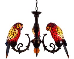 Tiffany kroonluchter stijl rode papegaai vogel dier glazen lamp gekleurde kroonluchter schaduw 3 arm kroonluchter omgekeerde plafondkroonluchter